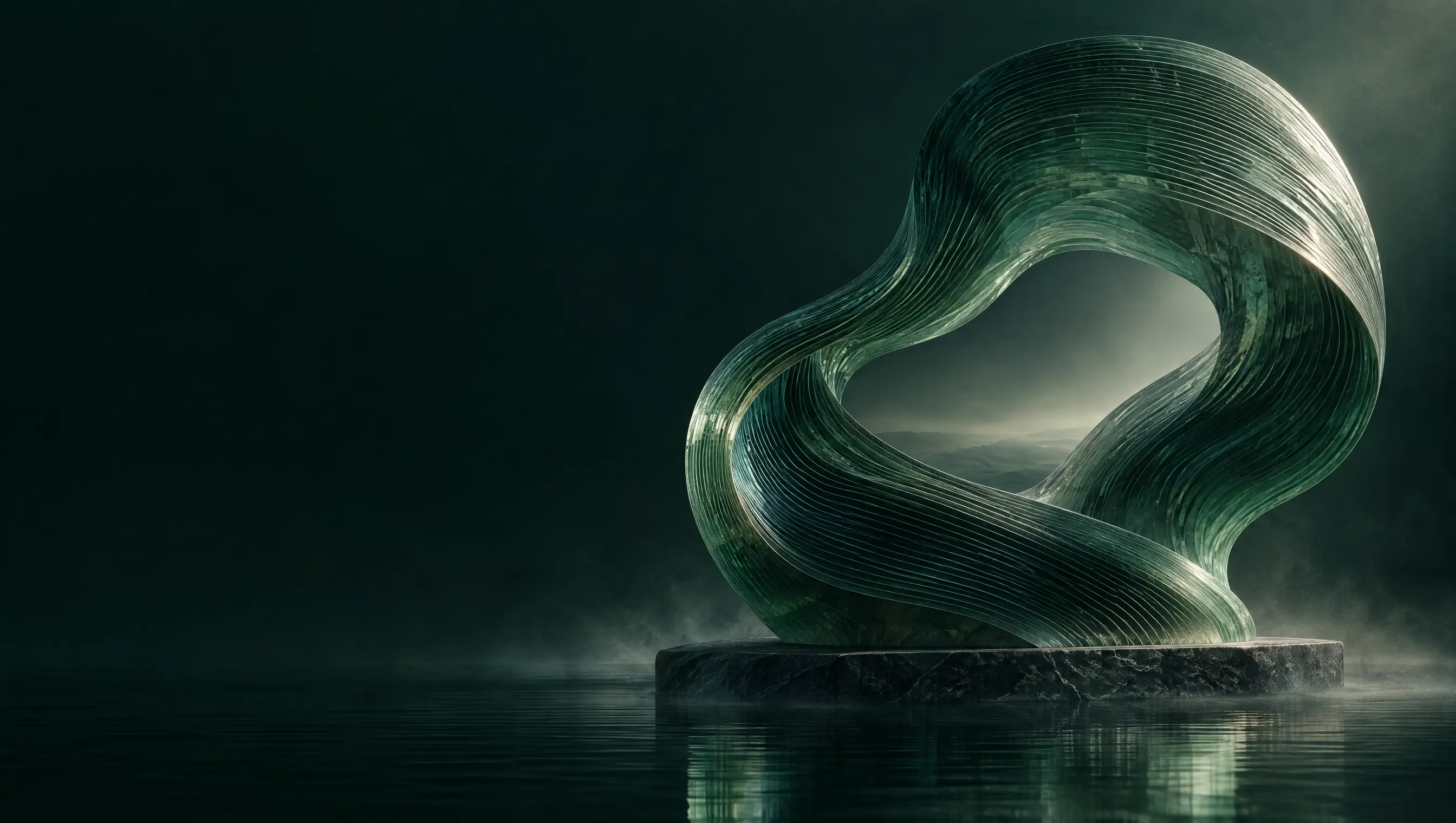 Sculpture de verre jade sur l’eau, création visuelle associant formes organiques et architecture
